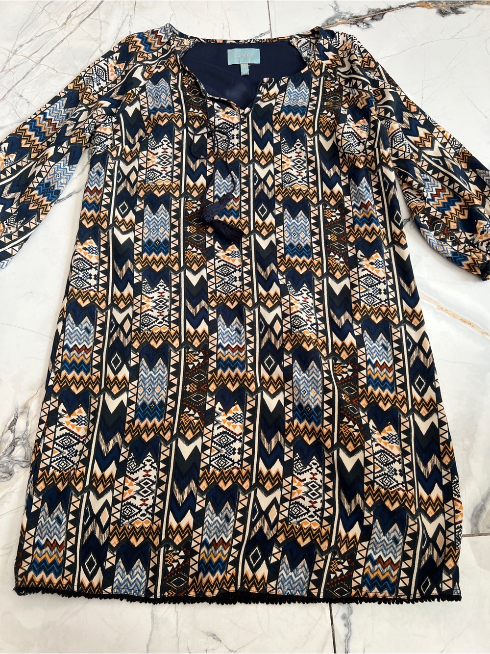 Skies Are Blue Women's Navy Southwest Aztec Boho Tassel Tunic Shift Dress Size S